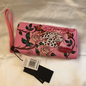 Ed Hardy Pink ZA Wallet Crystal Leopard & Rose Print + Wrist Strap NWT